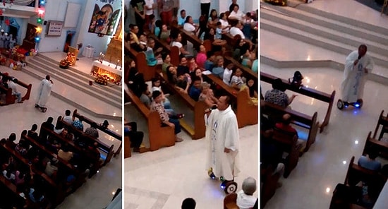 Katolik Rahip Vaazını Hoverboard Üzerinde İnsanların Arasında Dolaşarak Yaptı