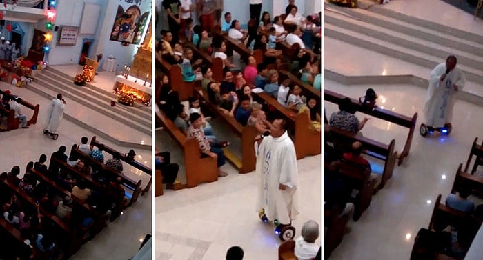 Katolik Rahip Vaazını Hoverboard Üzerinde İnsanların Arasında Dolaşarak Yaptı