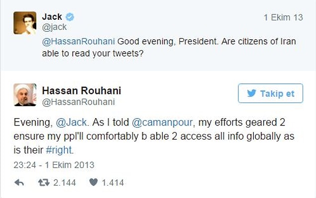 Esprili bir mizacı vardır ve yeniliklere açıktır. Ruhani'nin twitter kurucusu Jack ile olan bu diyalogu da bunun kanıtı niteliğinde.