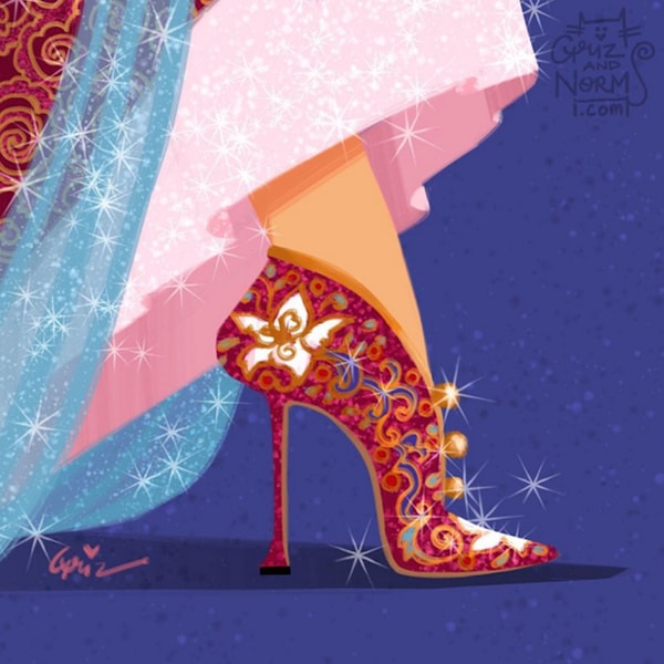 Совсем не трудно понять почему художники выбрали цветастый стиль Manolo Blahnik для туфель Мулан.