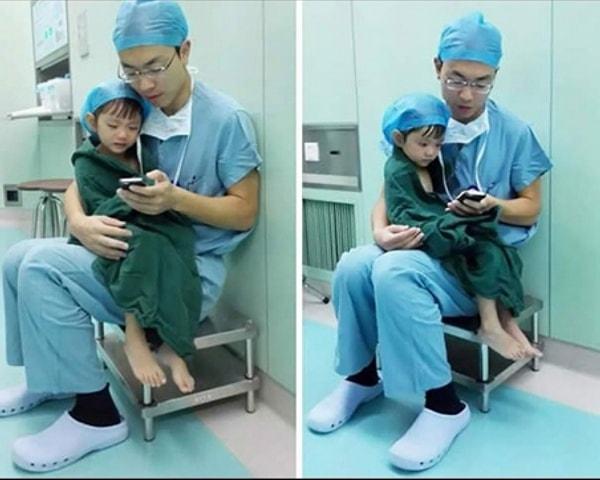 3. Geçireceği kalp ameliyatından önce ağlayan minik kızı sakinleştiren doktor.