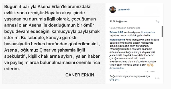 Caner, boşanma haberini Instagram hesabından şöyle duyurdu;