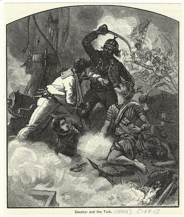 13. 19. yüzyılda denizlerde birçok başarıya imza atmış ABD'de ünlü Amiral Stephen Decatur'u bir Türk gemisinde savaşırken gösteren litografya.