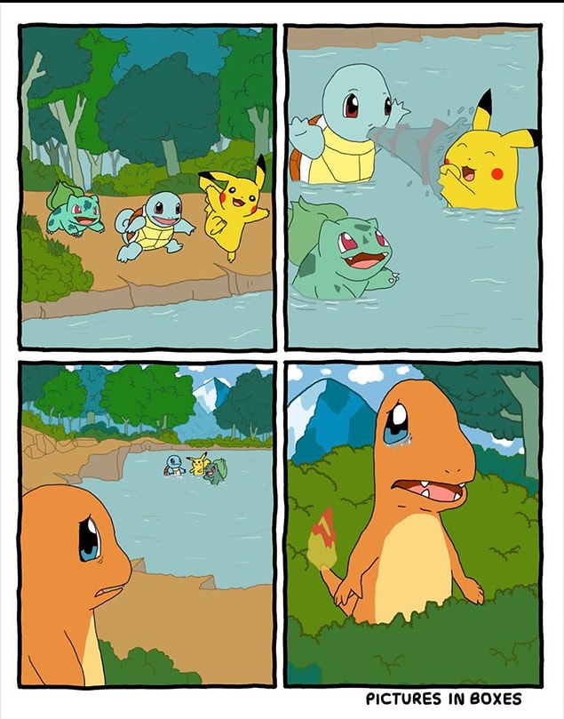 2. Diğer pokemonların delicesine suda yüzerken Charmander'ı yanlarına alamamaları.