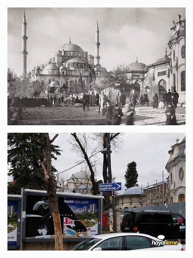 12. Aynı yerden yaklaşık 90 yıl sonra bakınca aynı manzarayı görememek. Tabelalar, arabalar, teller, direkler... Fatih
