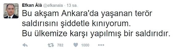 Ankara'da gerçekleşen bombalı saldırı sonrası, İçişleri Bakanı Efkan Âlâ, tepkisini attığı bu tweetle dile getirdi.