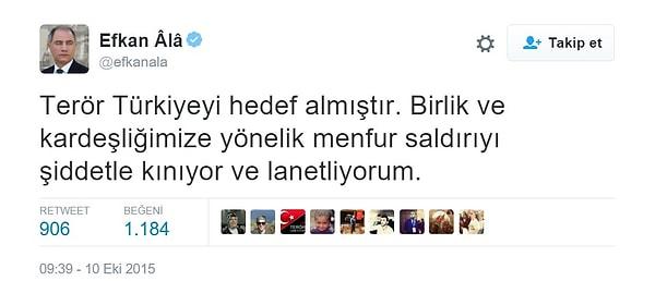 Bonus: Bu da Efkan Âlâ'nın 10 Ekim'deki Ankara saldırı sonrası attığı tweet. Değişen pek bir şey yok gibi...