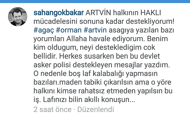 Gelen tepkiler üzerine instagram paylaşımını tekrar düzenleyen Şahan, o yorumları yapanları Allah'a havale etti.