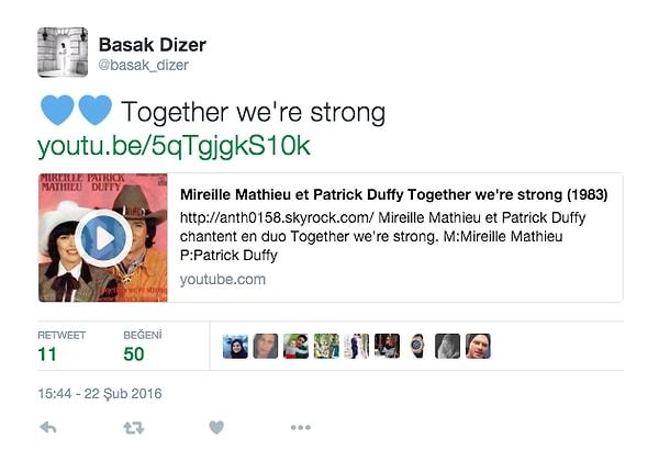 Başak Dizer ise Twitter hesabından, "Together We're Strong" (Biz birlikte güçlüyüz) parçasını paylaştı.
