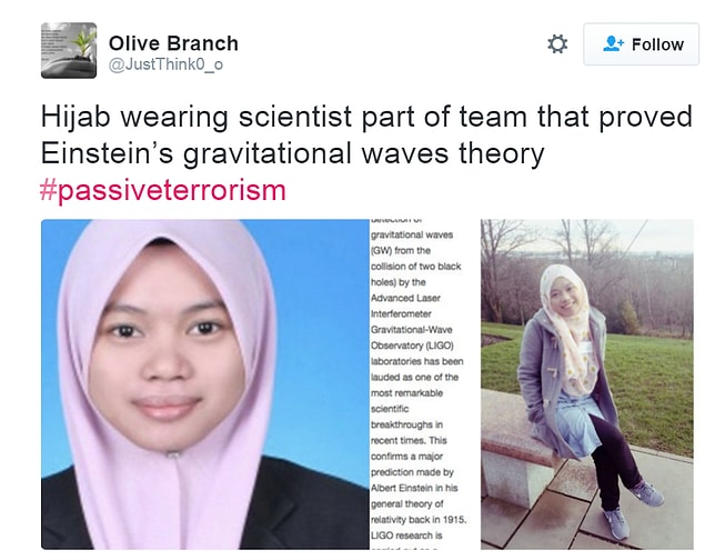 "Türbanlı bilim insanı Einstein'ın izafiyet teorisini kanıtlayan ekibin bir parçası."