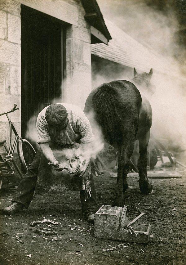25. Nal takmadan önce atın toynağını yakan bir çiftçi. İskoçya. Mayıs, 1921.