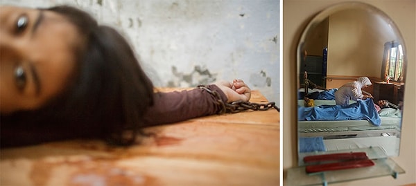 14. Молодая женщина в кандалах в одной из лечебниц (слева). Психиатрический госпиталь Wediodiningrat Lawang (справа) считается одним из самых лучших в стране. Это единственный госпиталь, имеющий отделение для пожилых людей.