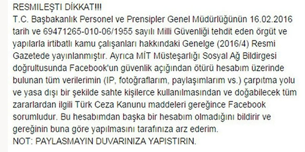 Facebook'ta Paylaşılan Koruma Amaçlı Olduğu Düşünülen Yeni Asparagas: "Resmileşti Dikkat"