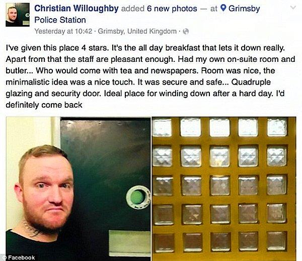 İçeriye gizlice telefonunu soktu. Facebook'ta check-in yaptı ve hücreyi bir otel odasında kalmışçasına yorumladı.