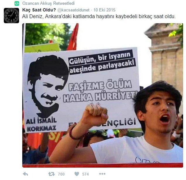Ankara'daki katliamda arkadaşı Ali Deniz'i kaybetmişti. Onun yer aldığı bu tweeti de Retweetledi.