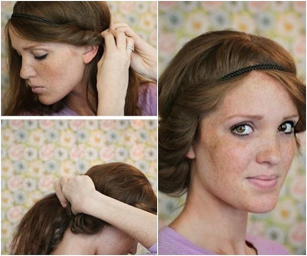 7. Eğer daha uzun saçlara sahipseniz,  elastik saç bandı kullanın. Böylece perçemlerinizi saç bandının içine kıvırıp kolaylıkla sıkıştırabilirsiniz.