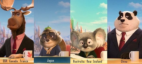 Мусбридж остается лосем в американской и канадской версиях.  Но заменяется на панду в китайской версии, на тануки в японской и коалу в австралийской и новозеландской версиях.