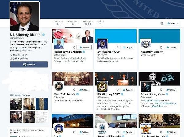 Ancak daha da ilginç olan şu ki Savcı Bharara, Cumhurbaşkanı Erdoğan'ı Twitter'da takip etmeye başladı.