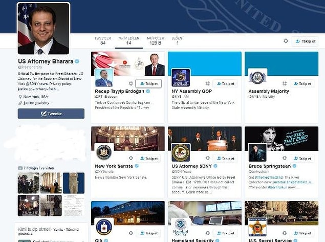 Ancak daha da ilginç olan şu ki Savcı Bharara, Cumhurbaşkanı Erdoğan'ı Twitter'da takip etmeye başladı.