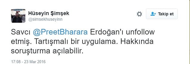 Bu konuyla ilgili farklı tepkiler vardı. Kimileri savcının Erdoğan'ı takip etmeyi bıraktığını, kimileri ise Erdoğan'ın savcıya block-unblock yaptığını düşünüyordu.
