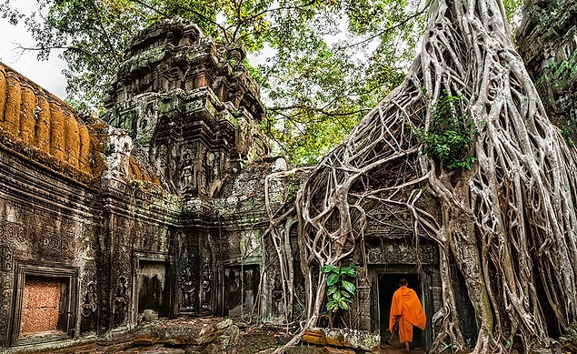 18. Angkor, Kamboçya'da bulunan Ta Prohm Tapınağı'nın duvarlarında bulunan ağaç kökleri ziyaretçileri hayrete düşürüyor.