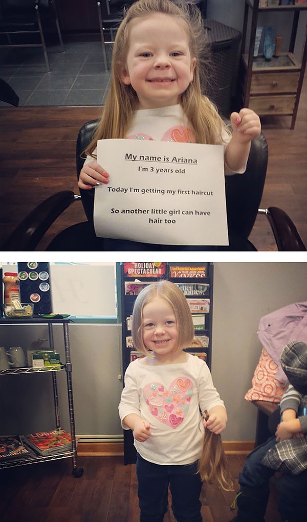 14. Этой крохе всего 3 года. На улице она увидела маленькую девочку, у которой не была волос. Спросила у мамы причину. Мама объяснила, что девочка больна. Тогда Ариана твердо решила поделиться с ней своими волосами.
