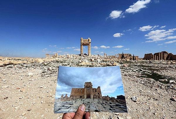 Bel Tapınağı, 2015 Eylülde IŞİD tarafından zarar görmeden önce ve sonra