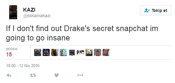 "Drake'in Snapchat'ini bulmazsam deliricem."