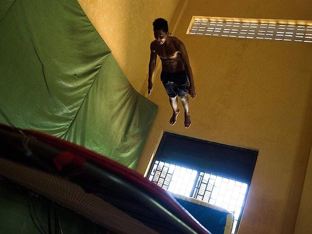 7. There's a trampoline room with a 20-foot ceiling.