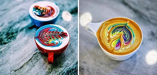 Креативный бариста делает разноцветные рисунки на кофе
