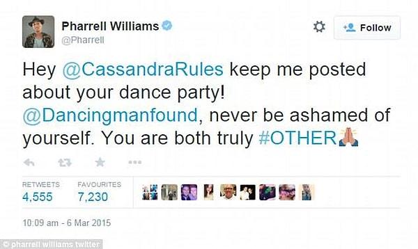 Sonrasında Pharrell Williams olaya dahil oluyor ve kampanyayı başlatan CassandraRules kullanıcısına bir mention yolluyor.
