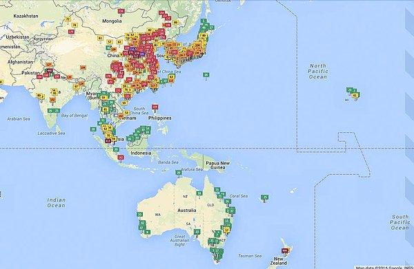 Asya ve Avustralya arasındaki hava kalitesi farkı açıkça gözlemlenebiliyor.