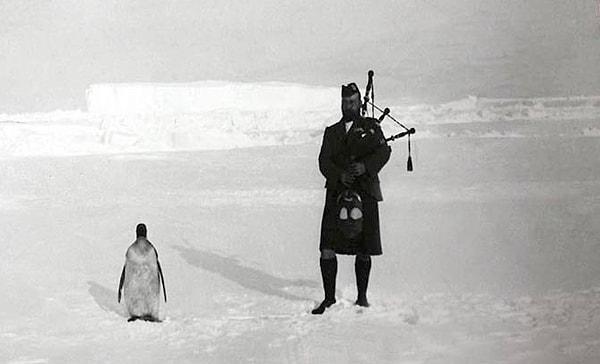 2. İskoç Ulusal Antarktik Keşif üyelerinden olan Gilbert Kerr,  İmparator penguen ile serenat yaparken, 1904.