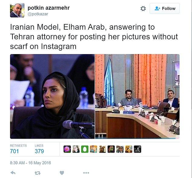 Sözü geçen modellerden biri olan Elham Arab, geçtiğimiz Pazartesi İran Devrim Mahkemesi'nde "batının ahlaksızlığını yüceltmek ve yaymak" suçuyla yargılandı.