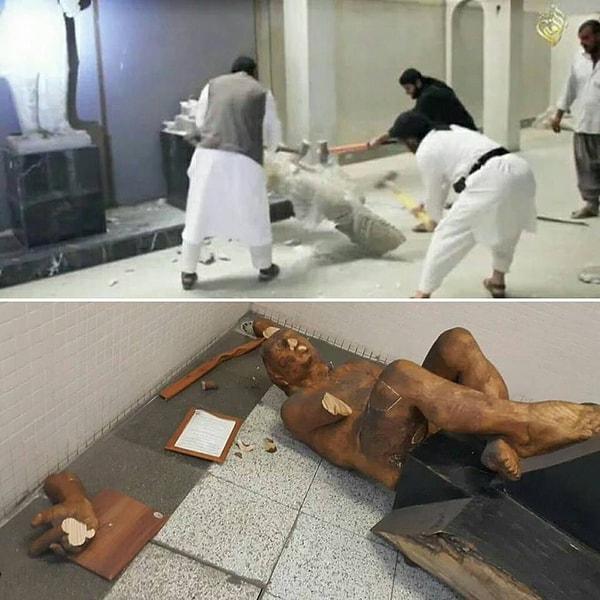 IŞİD Musul'da bir arkeoloji müzesinde bulunan heykelleri balyoz ve hiltilerle parçalamıştı. Sosyal medyada, İzmir'deki müzisyen heykeline zarar veren zihniyet de aşağıdaki fotoğrafla eleştirildi