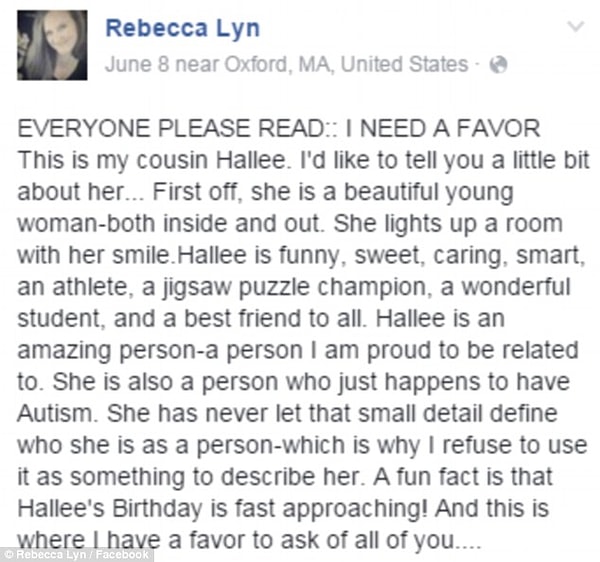 Çünkü, kuzeninin bir daha doğum gününü yalnız geçirmesine yüreği elvermeyen Rebecca Lyn, o fotoğrafı Facebook hesabında paylaştı ve altına şunları yazdı: