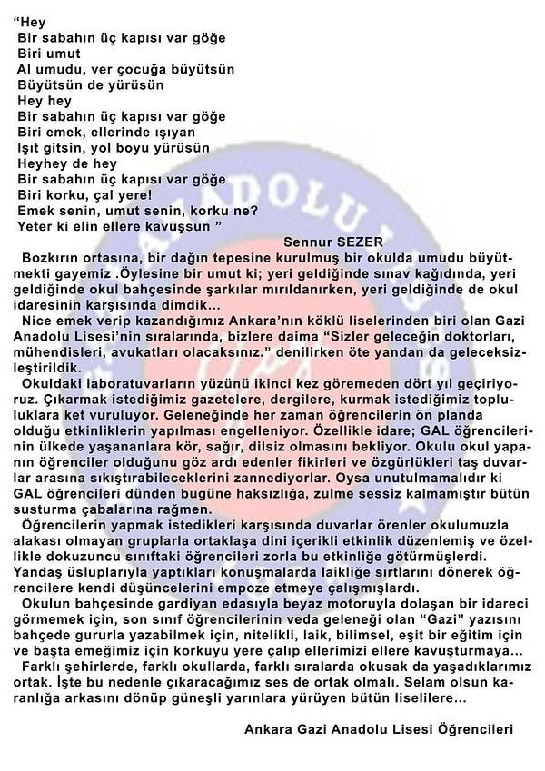 10. Ankara Gazi Anadolu Lisesi: 'Selam olsun karanlığa arkasını dönüp güneşli yarınlara yürüyen bütün liselilere!'