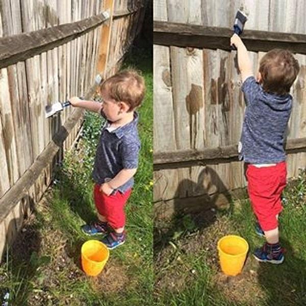 9. Tahta,ıslanınca renk değiştiren bir malzemedir. Çocuğunuza su dolu bir kap ve fırça vererek dilediğince eğlenmesini sağlayabilirsiniz.