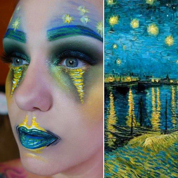 1. Lexie ilhamını Van Gogh'un tablosunda yer alan Rhone Nehri'nin üstündeki yansımalara bakarken almış ve ortaya çıkan; mükemmel bir makyaj stili!