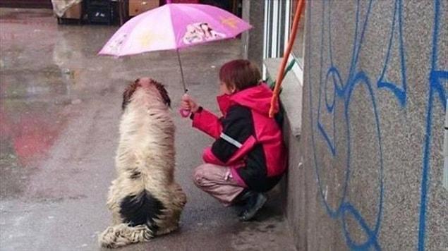 10. And this boy shows how big his heart is by making space under his tiny umbrella for this dog.