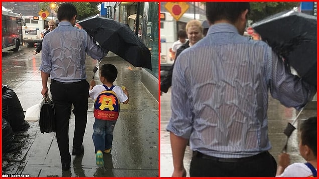 16. Being a dad means making sacrifices. This dad doesn't care about soaking, just that his son will stay dry.