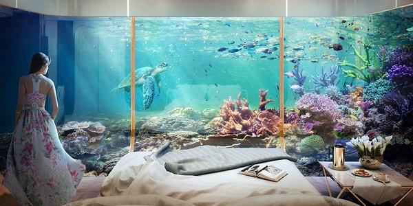 Balıkların içinde uyuyabileceğiniz bir yatak odası hayali gerçekten de müthiş gözüküyor.