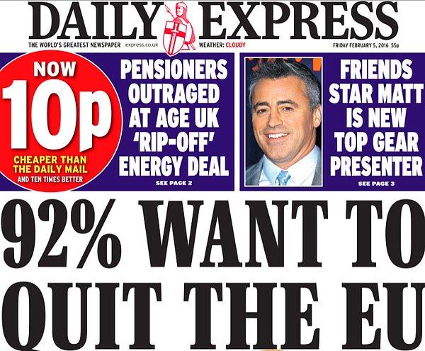 Ocak 2011: The Daily Express gazetesi İngiltere'nin AB'den ayrılmasının gerekliliğini anlattığı sayısını bedava dağıtıyor.