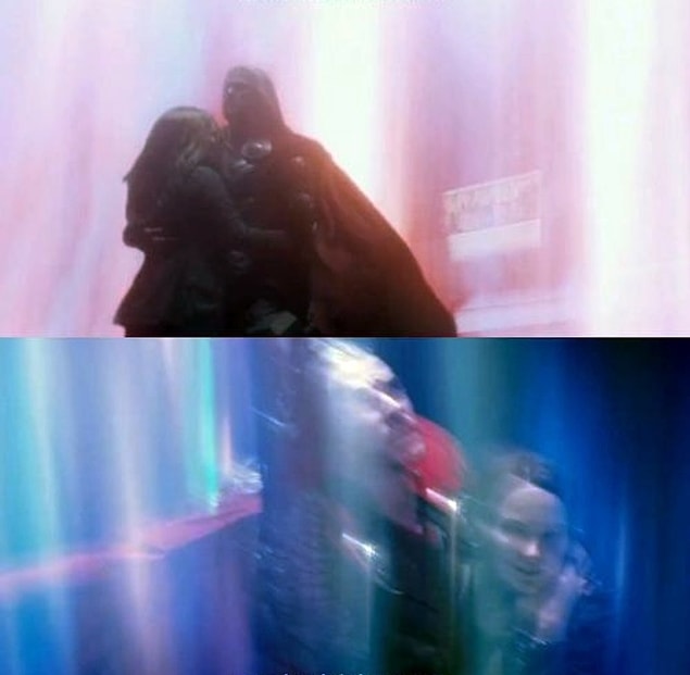13. Thor: He holds his hammer in his left arm and the girl to right. Next shot, it's the opposite again.