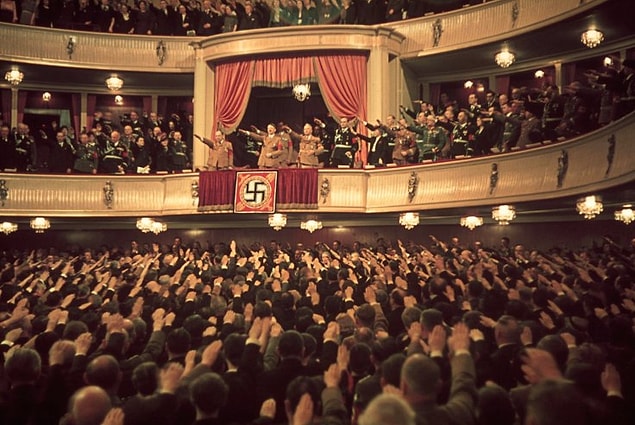 13. Adolf Hitler and Joseph Goebbels (in box) at Charlottenburg Theatre, Berlin, 1939.