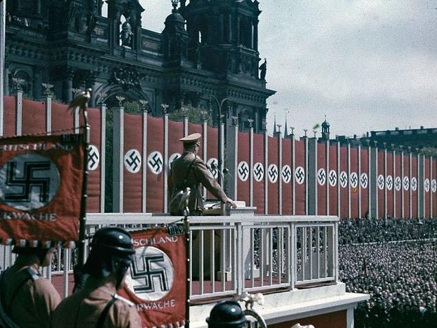 17. Adolf Hitler speaking at the Lustgarten, Berlin, 1938.