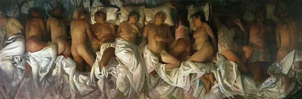 Kanye'nin bu "sanatsal iş" için Amerikan ressam Vincent Desiderio'nun "Uyku" isimli tablosundan esinlendiği açık.