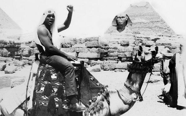 6. Muhammed Ali, Mısır ziyareti sırasında bir deve üzerinde Siyah Güç Selamı verirken, 1964.