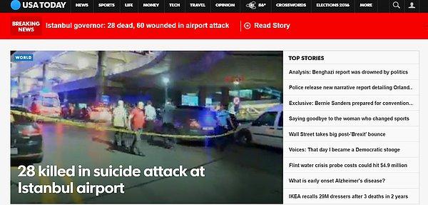 A.B.D.'nin popüler haber sitesi USA Today terör saldırısını "İstanbul Havalimanı'ndaki intihar saldırısında 28 kişi öldü." manşetiyle verdi.