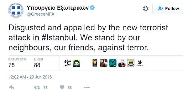 Yunanistan Dışişleri terörü bu tweetle kınadı.